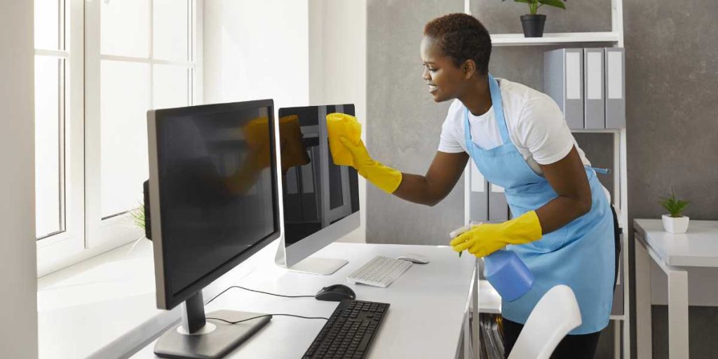 Professional house cleaner dusting computer screens in home office