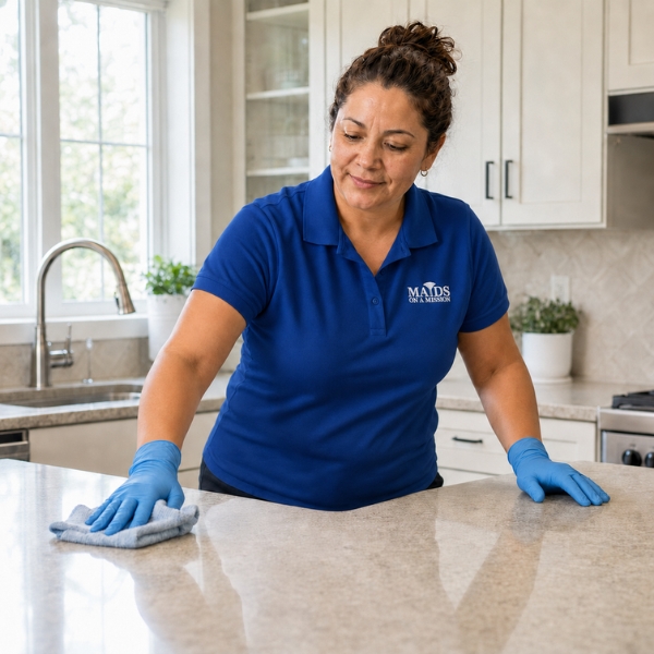 A maid wiping a kitchen counter.